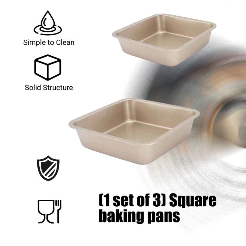 Pack of 3 Scratch Resistant Square Pan Food Grade Carbon Steel Easy Cleaning Baking Mold for Family Kitchens