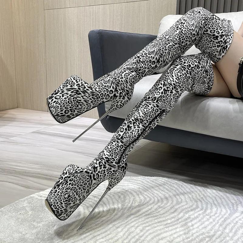Fashion European and American Sexy Leopard Print High-heeled Knee High Boots for Women's Fashion Shows, Plus Size Color Blocked Shoes