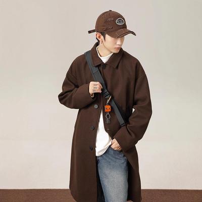 Men's Japanese-Style Textured Woolen Coat, Double-Sided, Mid-Length Over-the-Knee Windbreaker, Autumn and Winter, Loose Fit with Thick Lapel