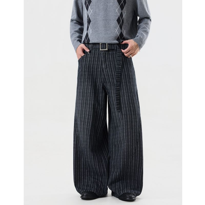 

Acrardic American-Style Design Ribbon Vertical Stripe Jeans for Men, High Street Retro Niche Loose Straight-Leg Pants Black X L