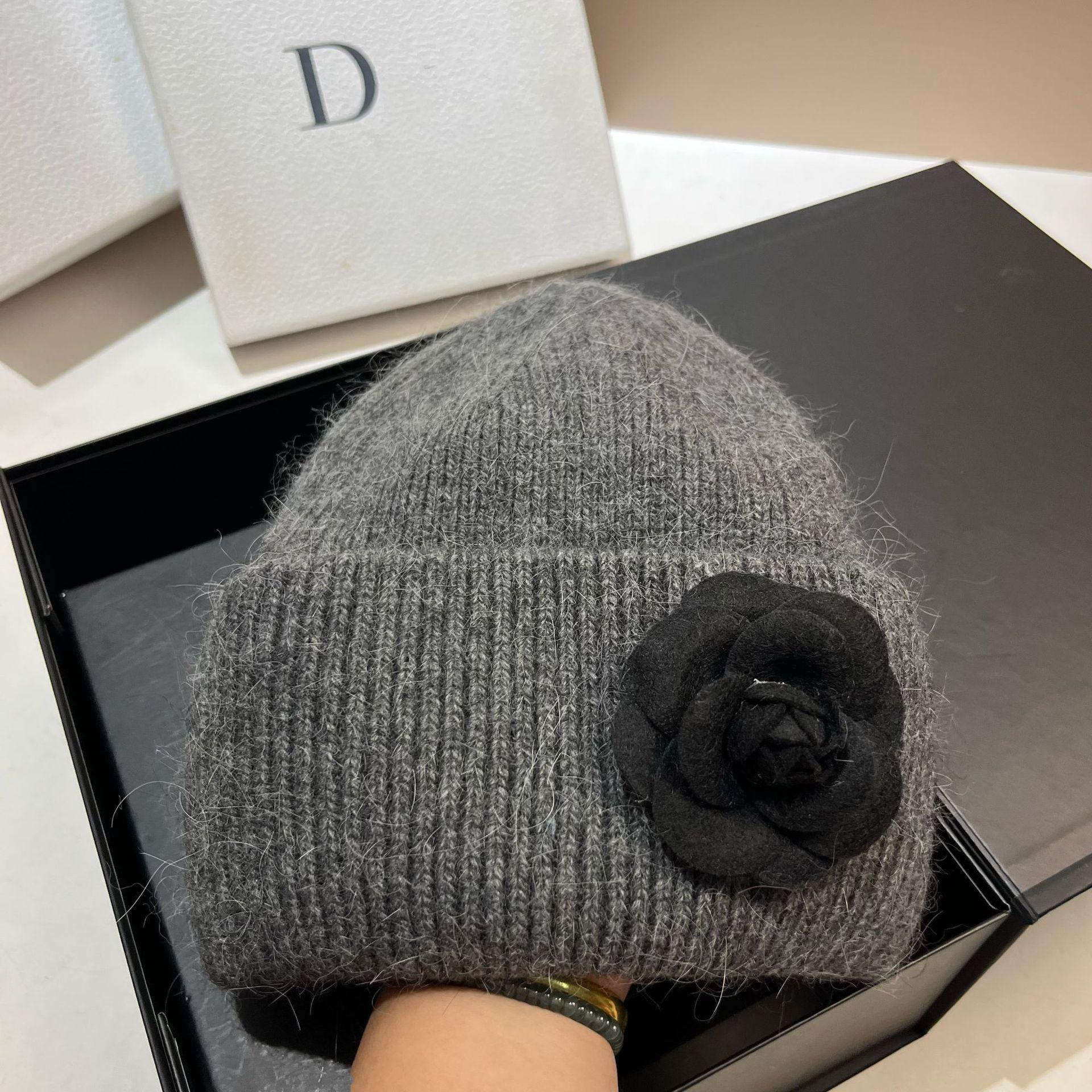 Camellia Rabbit Hair Knitted Hat Women s Winter Warmth Baotou Knitted Hat Fashionable Ear Protection Sweet Cute Knitted Hat One Size   56-58cm