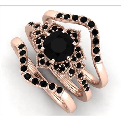 Anello Geometrico da Donna Retro Dark Love Zircone Nero Creativo Rosa Tre Pezzi Gioiello