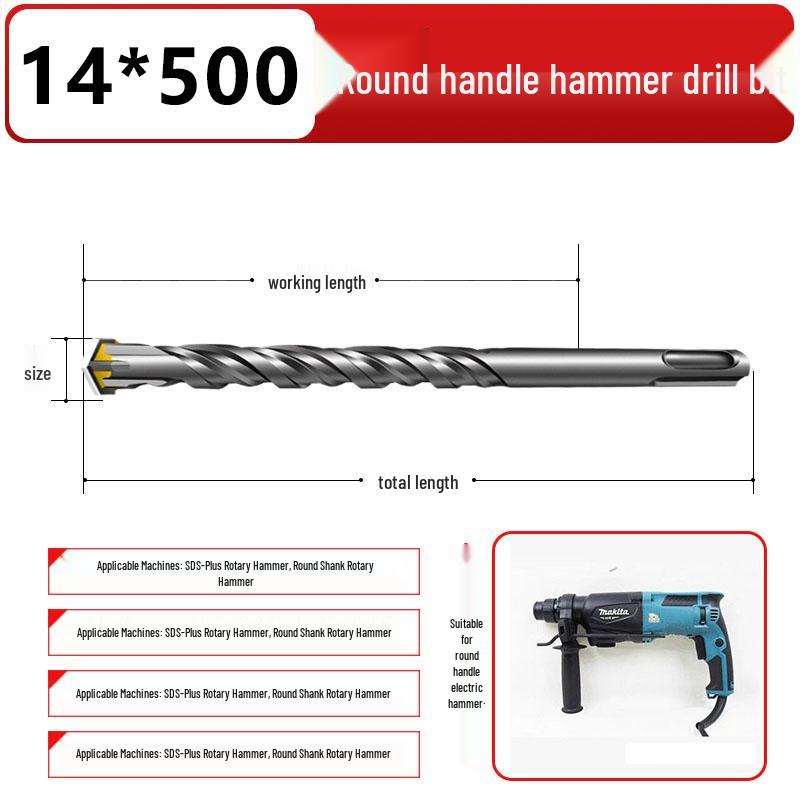 Four-Flute Extended Rotary Hammer Drill Bit for Concrete and Cement with Square Shank