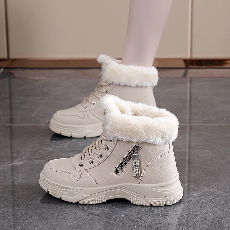 Women's high top large size soft sole fall and winter warm fur one snow boots padded lining non-slip hiking casual sports cotton boots