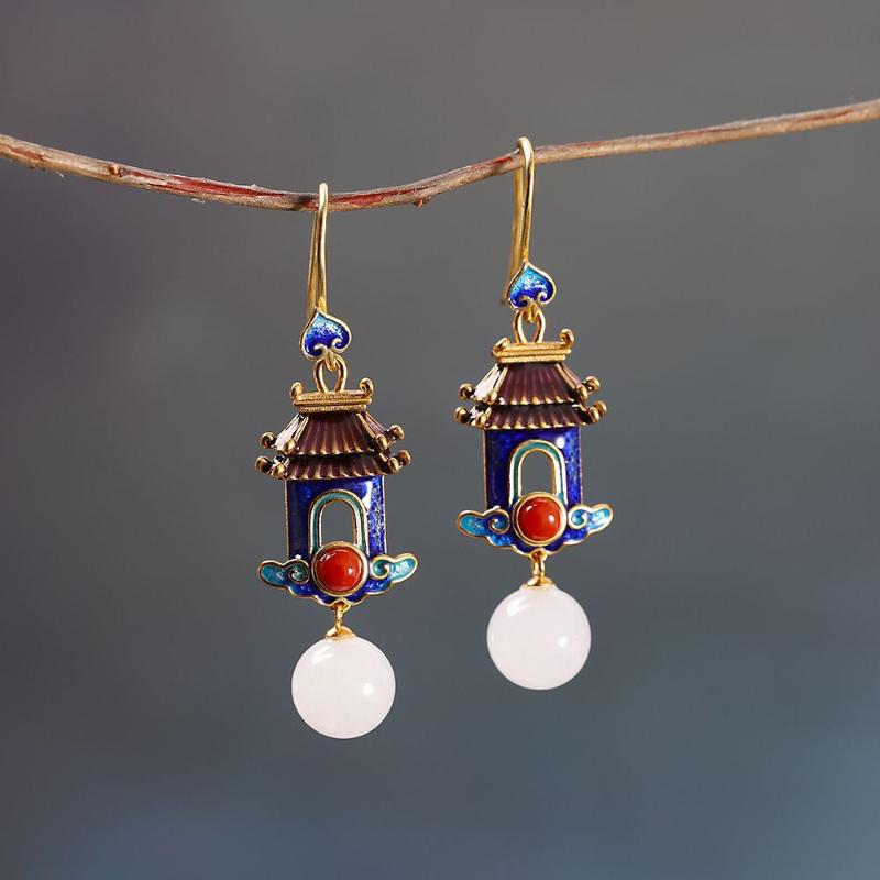 Exquisite and luxurious court-shaped earrings for women retro style Hetian jade enamel porcelain craft Hanfu jewelry