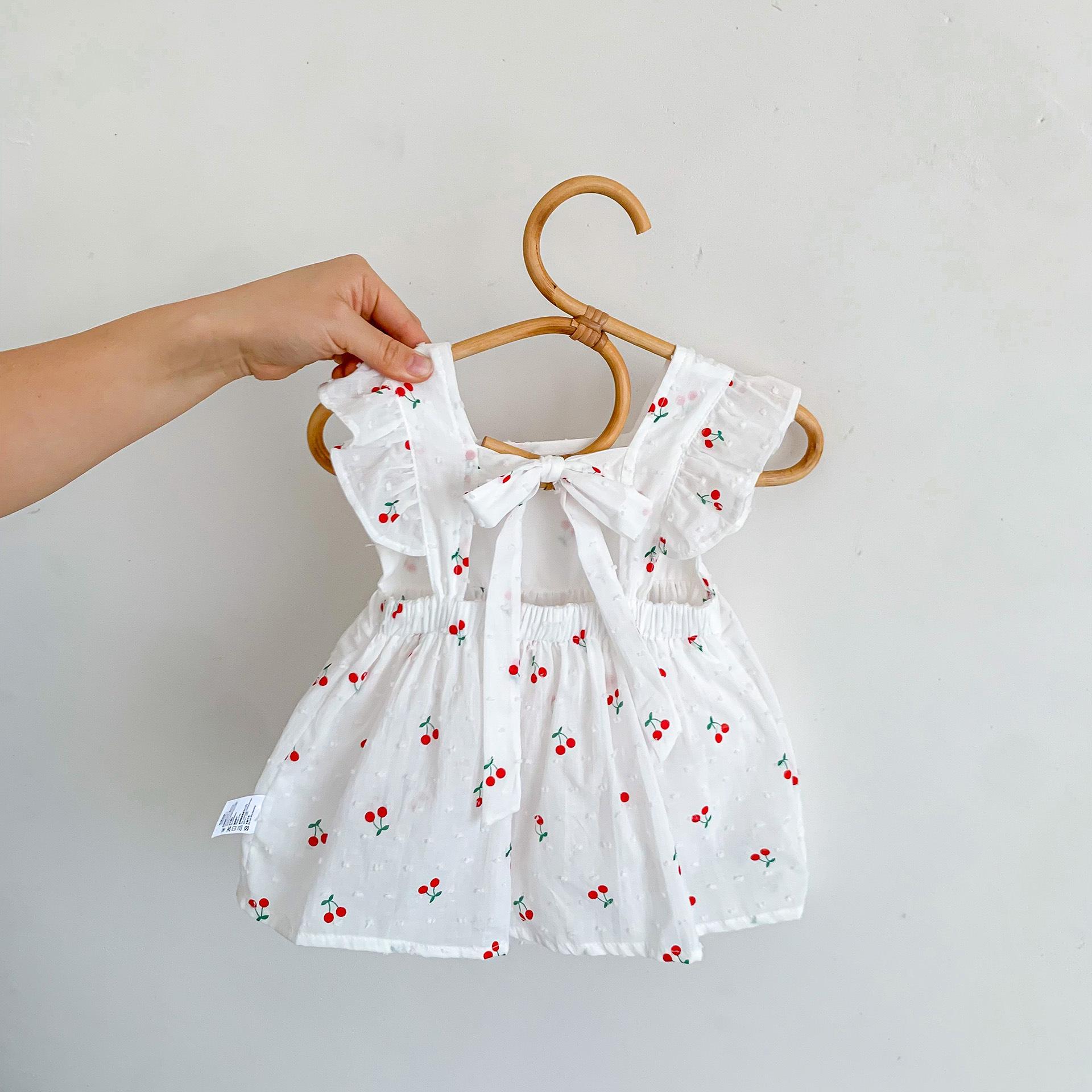 Baby Girls Cherry Print Ruffle Strap Sundress, Back Big Bow Swiss Dot Sleeveless Toddler Summer Dress 73CM