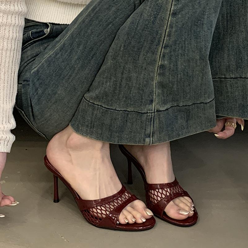 Fashion SUOJIALUN 2025 Summer New Brand Women Slipper Fashion Mesh Shallow Slip On Slides Thin High Heel Outdoor Sexy Dress Pumps Sandal