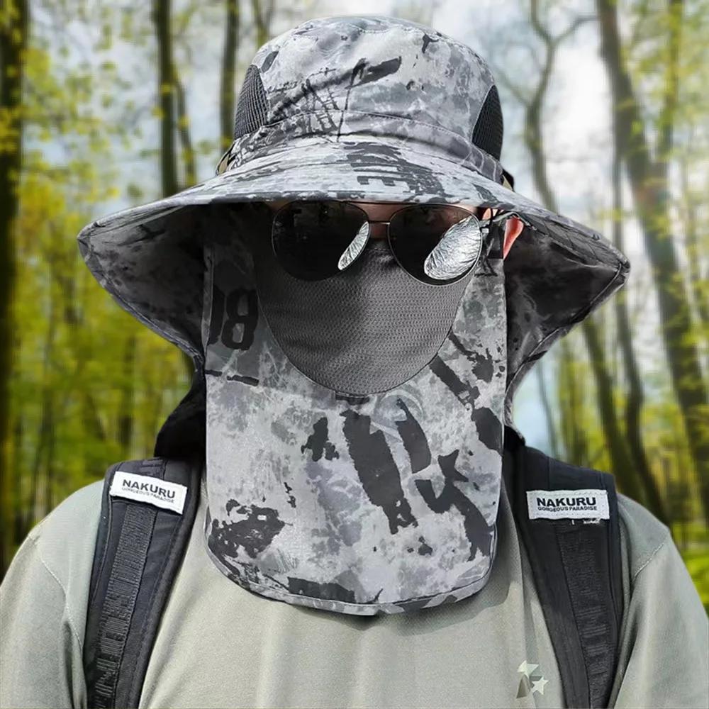 Cappello da sole con protezione solare a 360°, con tesa larga, rimovibile, mimetico, da uomo, per viaggi all'aperto, alpinismo, pesca
