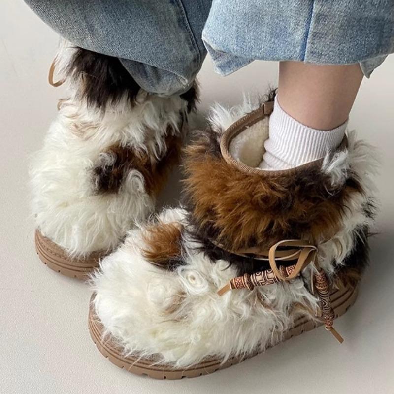Fashion Bow Bead Fur Platform Women Ankle Snow Boots Flats Plush Cotton Shoes Woman Brand Winter New Trend Warm Casual Shoes Botas Mujer