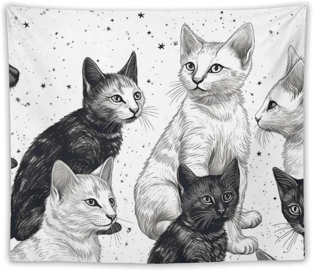 Wall Hanging Black And White Kitten Tapestry for Bedroom Vintage Tapestries Porch Hanging Background Wall Poster for Living Room