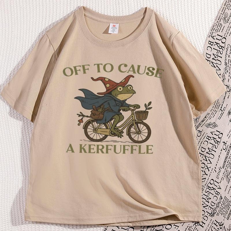 Off To Cause A Kerfuffle Frog Tshirt Men Women Causal Cotton Short Sleeve Funny Weirdcore Sayings Unique Tshirt Tee Clothes