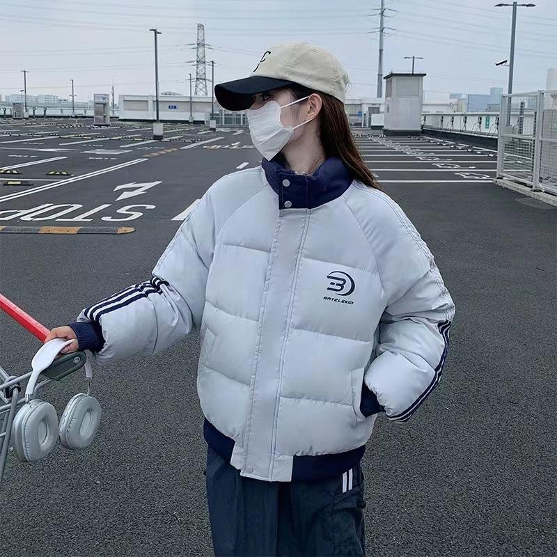 Korean trendy brand side three-bar stripe contrasting stand-up collar cotton jacket cotton clothes new warm and thickened padded jacket top in winter