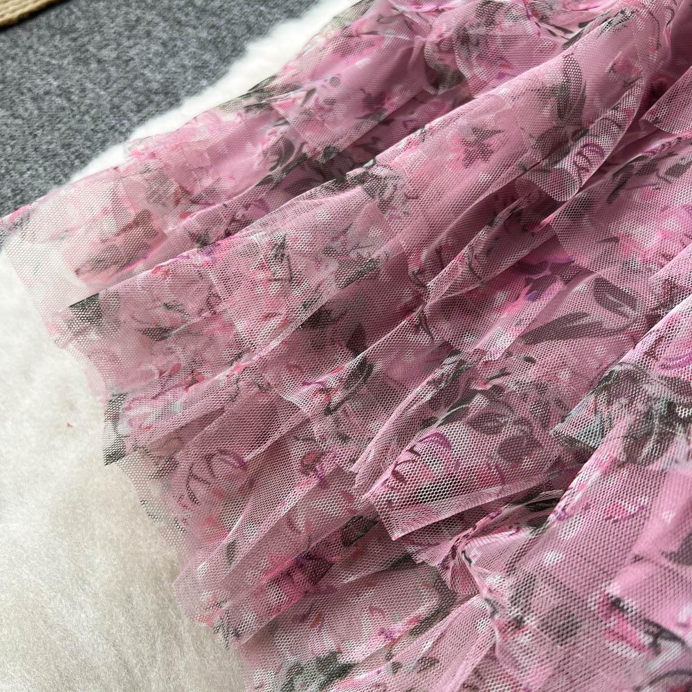 Été doux filles perles perles broderie robe de fleur femmes manches bouffantes impression maille dentelle couche gâteau en cascade robe de bal robes de soirée