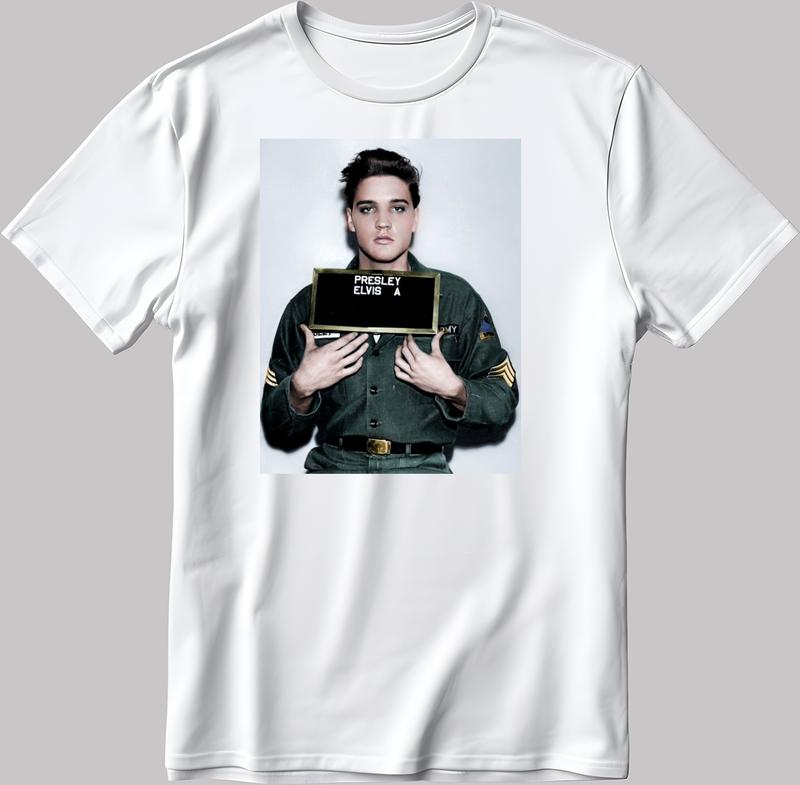 

Elvis Presley Army Mugshot Short Sleeve White-Black Unisex T-Shirt L