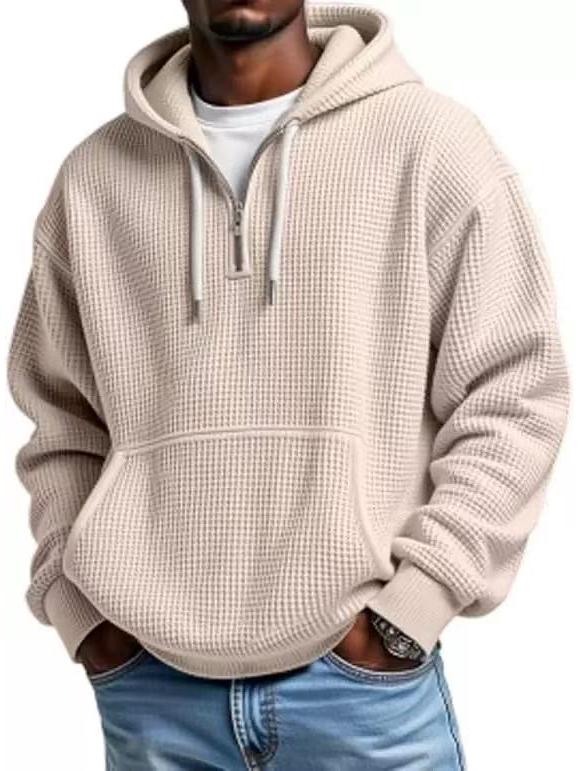 European Heavyweight Waffle Long Sleeve Hooded Sweatshirt - Men's Loose Fit, Pure Color, Casual Style