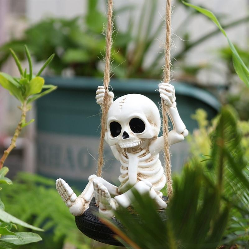 Scary Skeleton a Swing Hanging Statue Garden Decors Tire Swing Skull Sculptures Hanging Ornament for Patios Lawn Yard