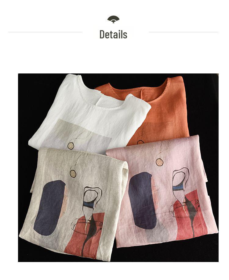 Women's Retro Print Cotton Linen Top - Short Sleeve, Loose Fit Pullover