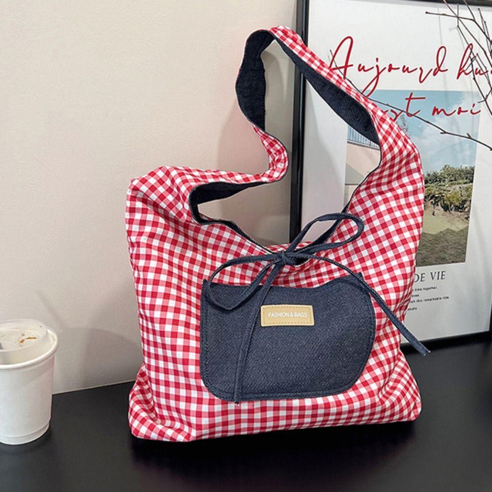 Cloth Denim Shoulder Bag Japanese Style Canvas Tote Bag Double Sided Plaid Denim Vest Bag Travel