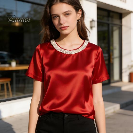 Tee Shirt Women T-shirt Round Neck Satin Fabric with Hand-Sewn Imitation Pearls Short Sleeve Loose Fit Casual Tops Hand-sewn Pearl Neckline