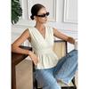 New Women's Sleeveless Top, French Style Solid Textured V-neck Waist-cinched Casual Blouse