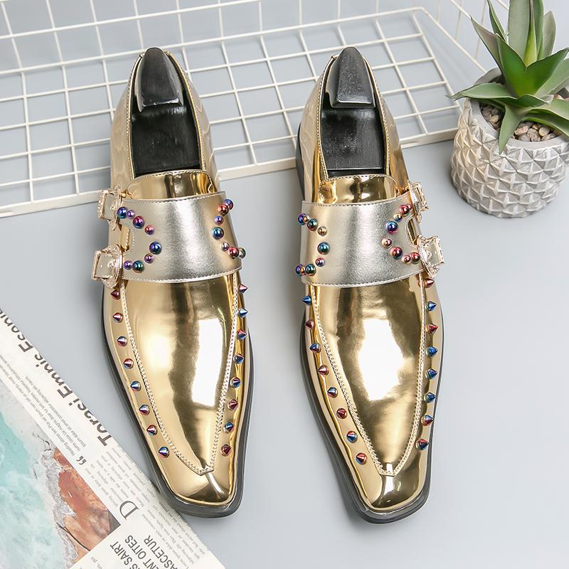 Luxury Trend Designer New Men's Pointed Gold Rivet Chelsea Monk Strap Shoes Casual Loafers Formal Dress Footwear Zapatos Hombre