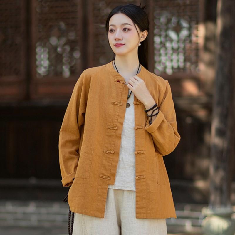 Johnature Women Vintage Shirts Stand Long Sleeve Tops Spring Chinese Style Solid Color Button Pockets Shirts