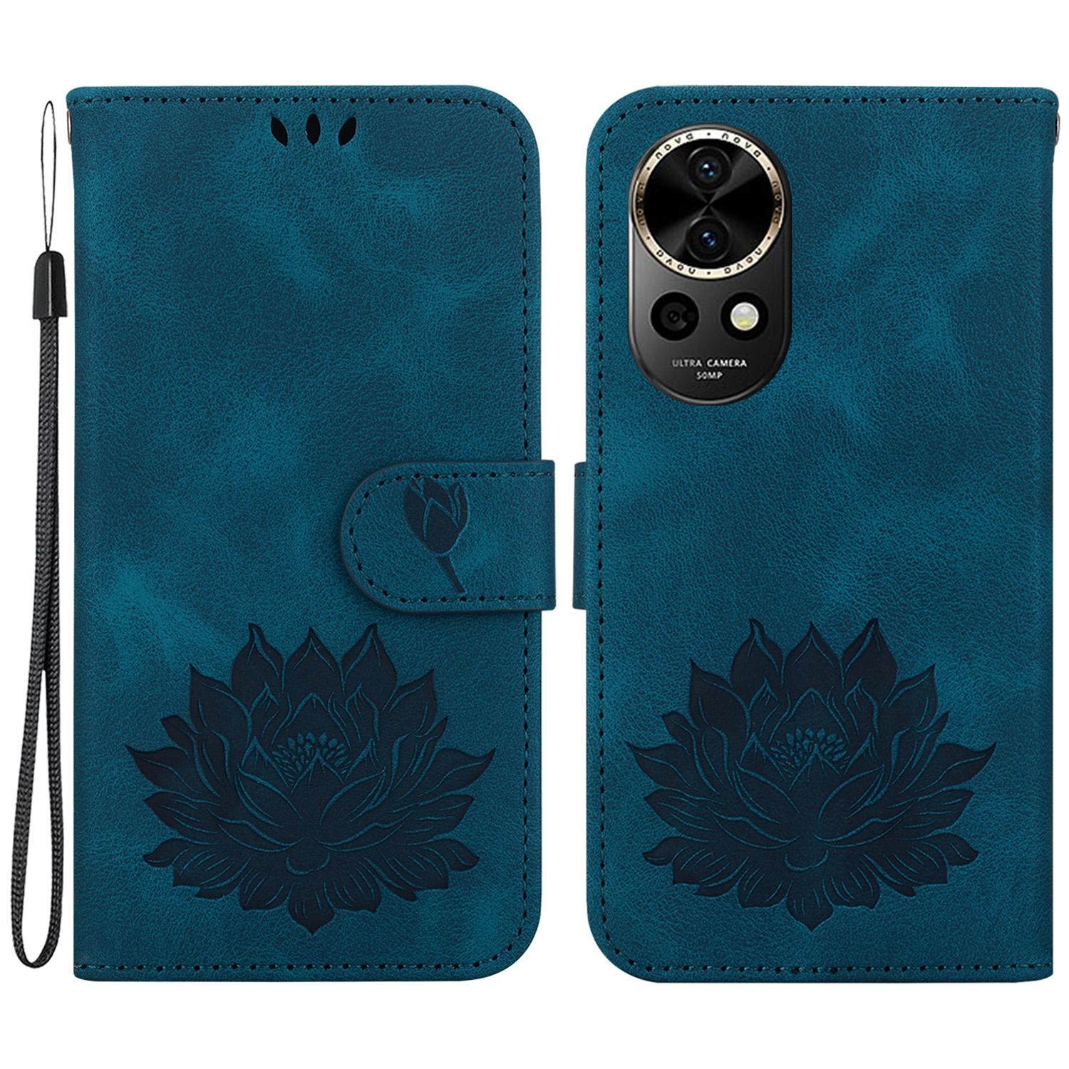 

For Huawei nova 12 5G Phone Case Lotus Imprint Leather Stand Wallet Cover Blue