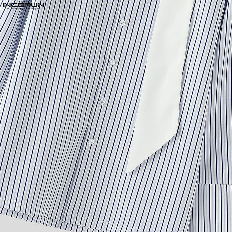 INCERUN Oversized Men Long Sleeve Patchwork Buttons Up Casual Striped Shirts Tops