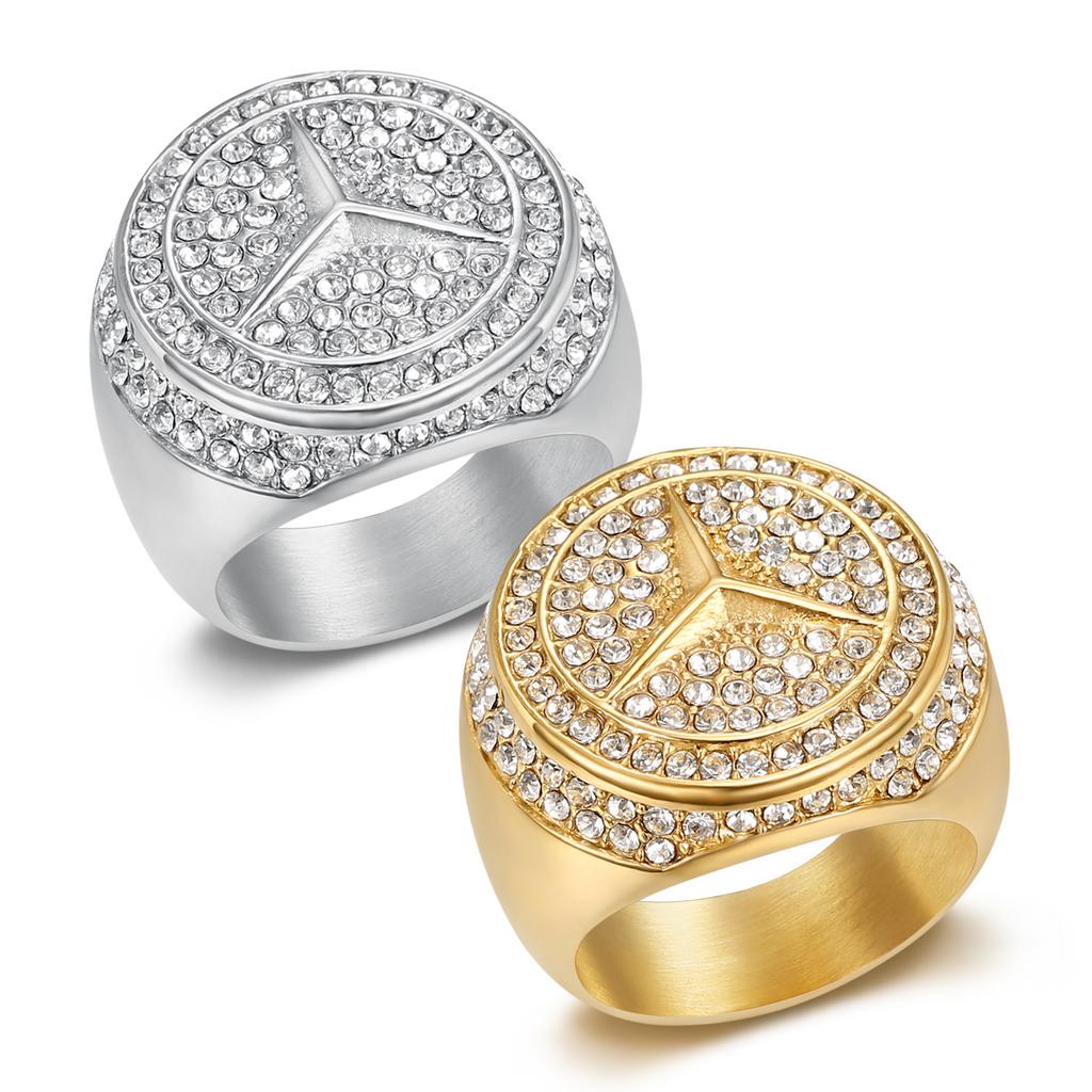 New Hip-Hop Hot-Selling Ring Titanium Steel Gold-Plated Inlaid Diamond Mercedes Logo Men's Ring
