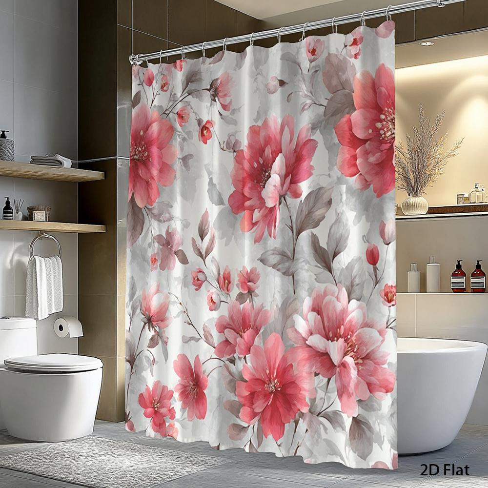 1Pc Pink Floral Patterned Shower Curtain With Hooks, Made Of Polyester, Machine Washable, Suitable For Bathroom Decor.
