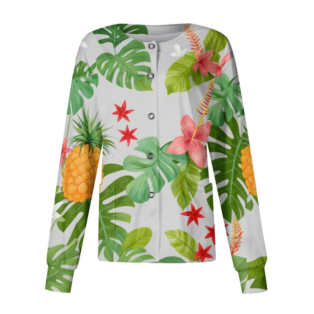 Women's Casual Long Sleeve Hawaiian Floral Print Single Button Scrub Cardigan Top for Uniform