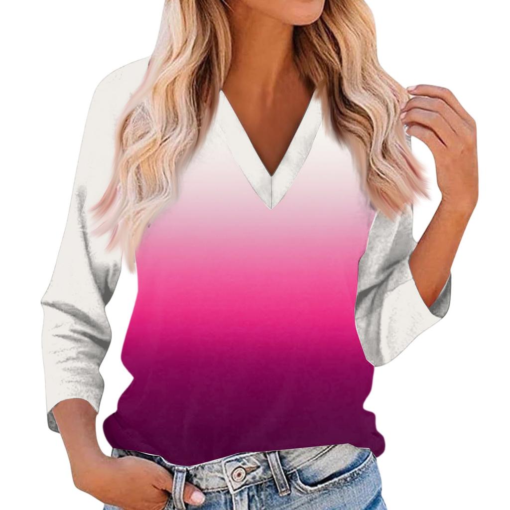 Women's Casual And Fashionable Patchwork V-Neck Top With Seven Quarter Sleeves Top
