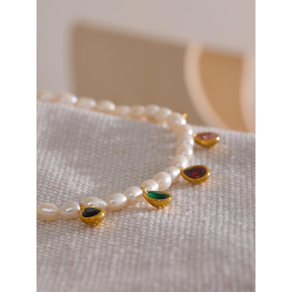 Yhpup Luxury Exquisite Natural Freshwater Pearl Colorful Cubic Zircon Stainless Steel Choker Necklace Romantic Charm Jewelry