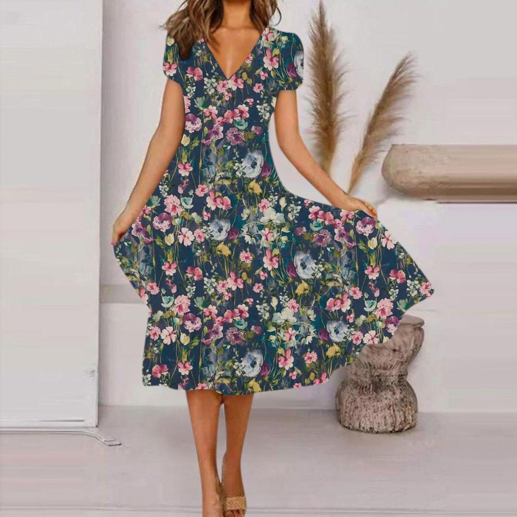 Women's Summer Casual Fashion Floral Print Short Sleeve V-Neck Swing Dress