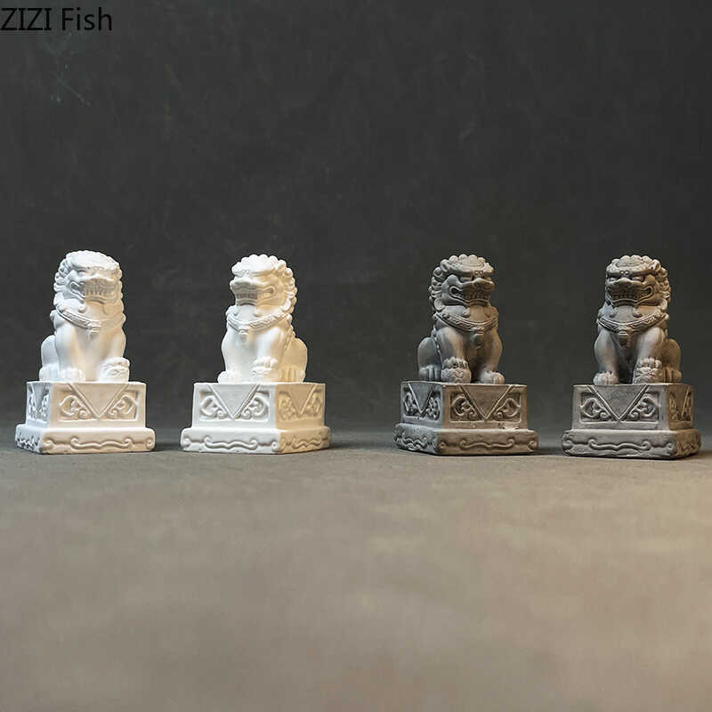 Chinese Stone Lion Plaster Statue Table Decoration Creative Feng Shui Landscape Ornaments Sculpture Room Aesthetic Decor