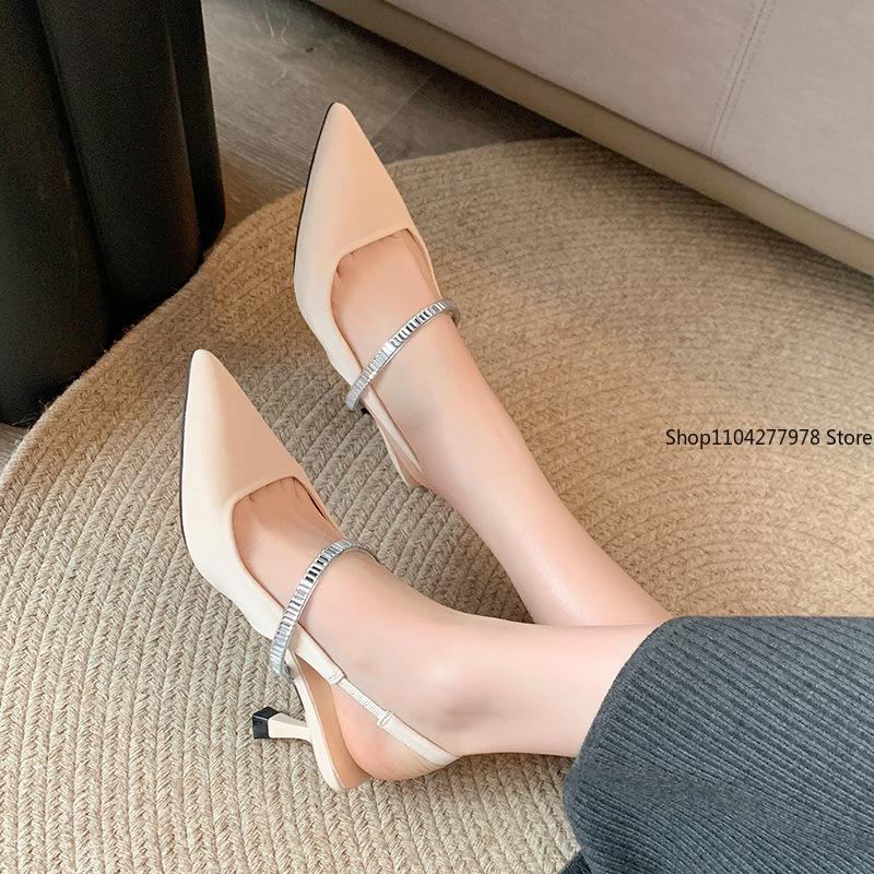 Fashion 2025 Women's Fashion Shoes High Heel Pointed Back Vacant Woolen Shoes Water Embellished Slippers Rubber Outsole Pumps