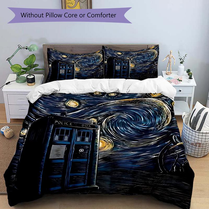 

3pcs Doctor Who TARDIS Starry Night Bedding Set - Includes One Quilt Cover and Two Pillowcases (No Core) - Anime Cartoon Design, Polyester Fabric, Sui 135x200cm