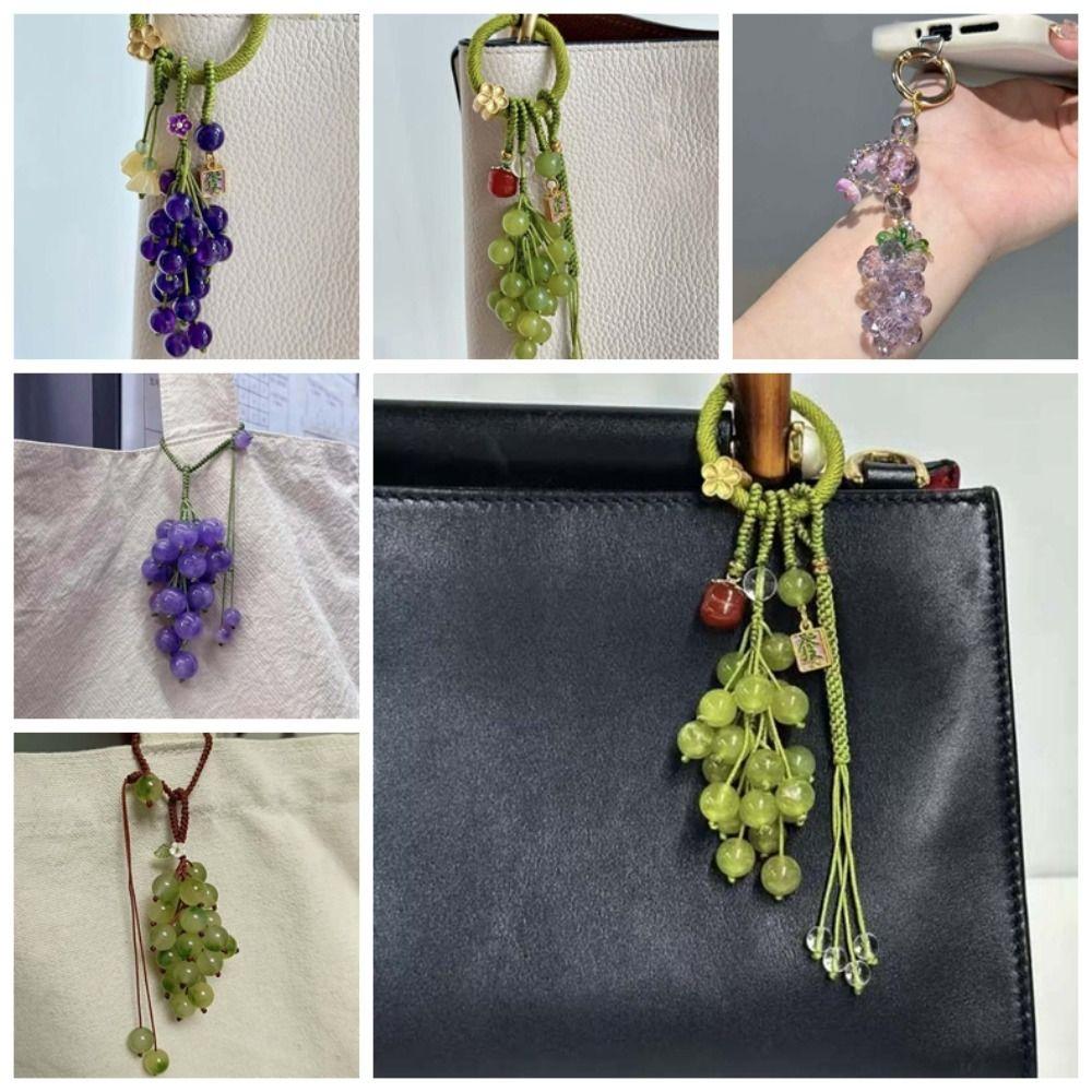 Elegant Crystal Grape Phone Chain Green Gradient Beads Woven Pendant Grape Cluster Pendant  Gifts