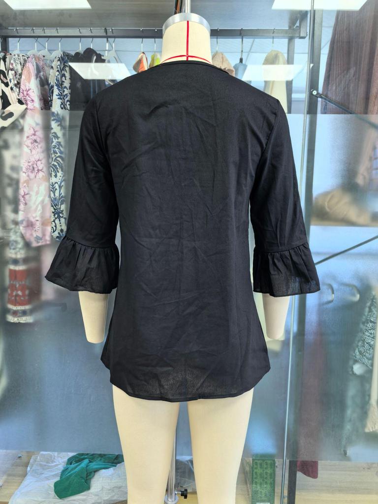 Summer V-neck Button Trim Mid-Sleeve Women's Slimming Fashion Loose Solid Top