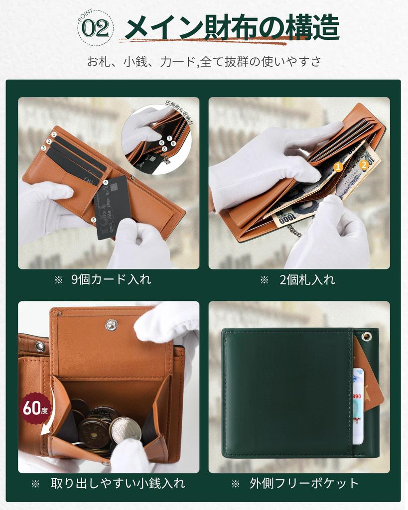 GSG Bifold Wallet with Large Slim with Removable Pass Genuine Card Pass Popular Green 24057 Men's Chain, Capacity, Design, Case, Compact, Leather,