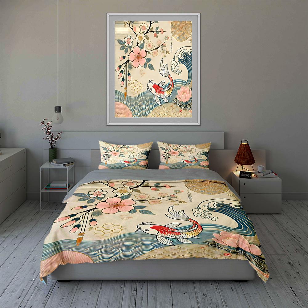 Koi Fish Motif Bedding Duvet Cover Sets Duvet Covers Pillowcases Gifts (1 * Duvet Cover 2 * Pillowcases, Without Duvet Insert)