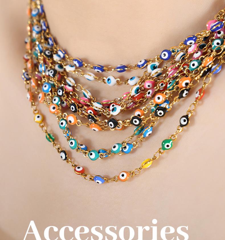 French Retro Colorful Enamel Titanium Steel Necklace & 18K Gold Bracelet - Versatile Personalized Niche Jewelry for Women