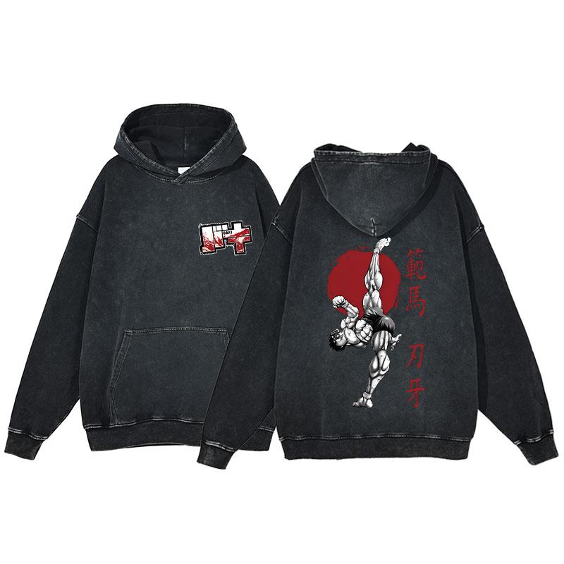 Hot Anime Baki Hanma Graphic Print Men Women Vintage Hoodies Washed Cotton Streetwear Harajuku Unisex Casual Loose Sweatshirt