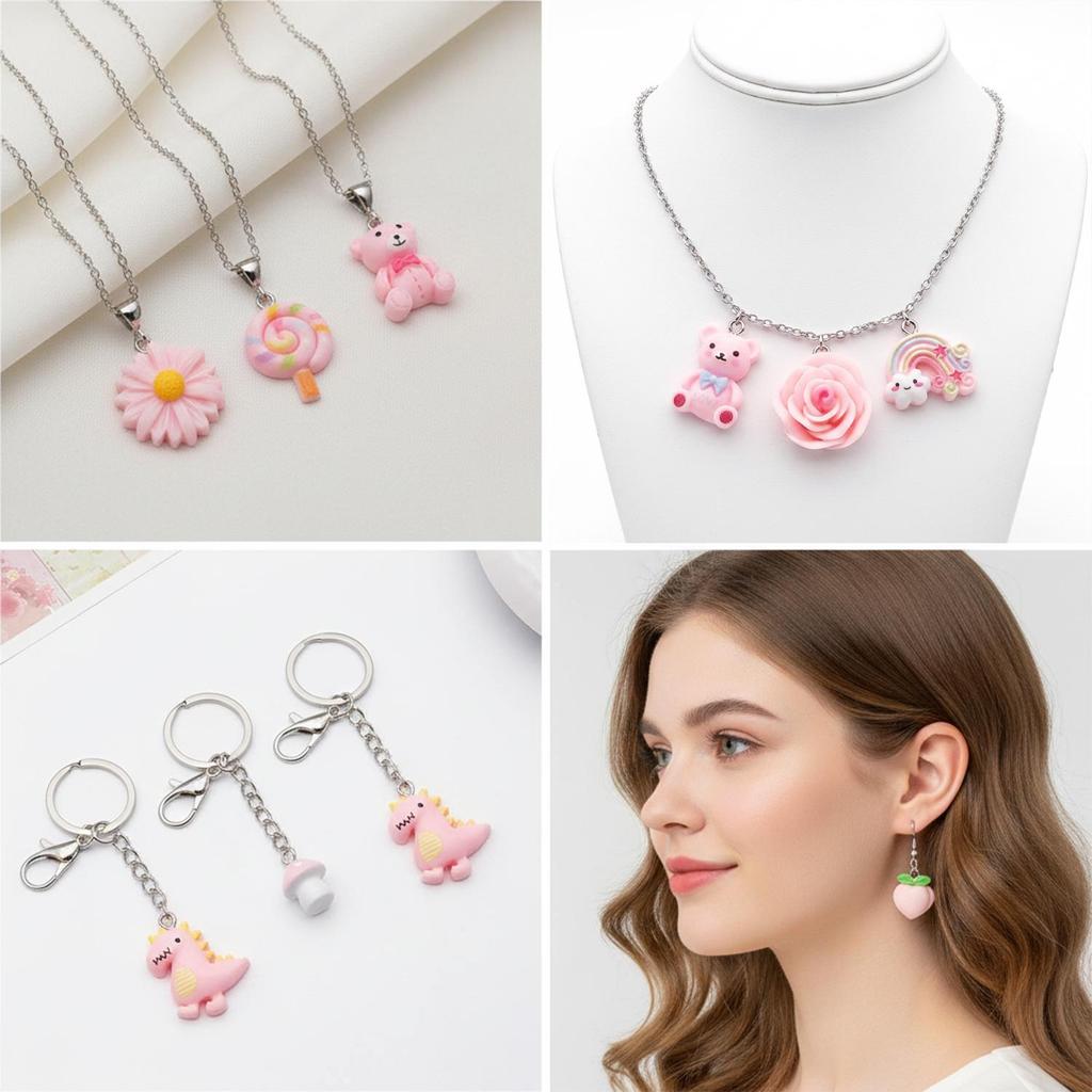 DIY Resin Pink Bear Lollipop Ornaments: Necklace, Earrings, Key Pendant Accessories