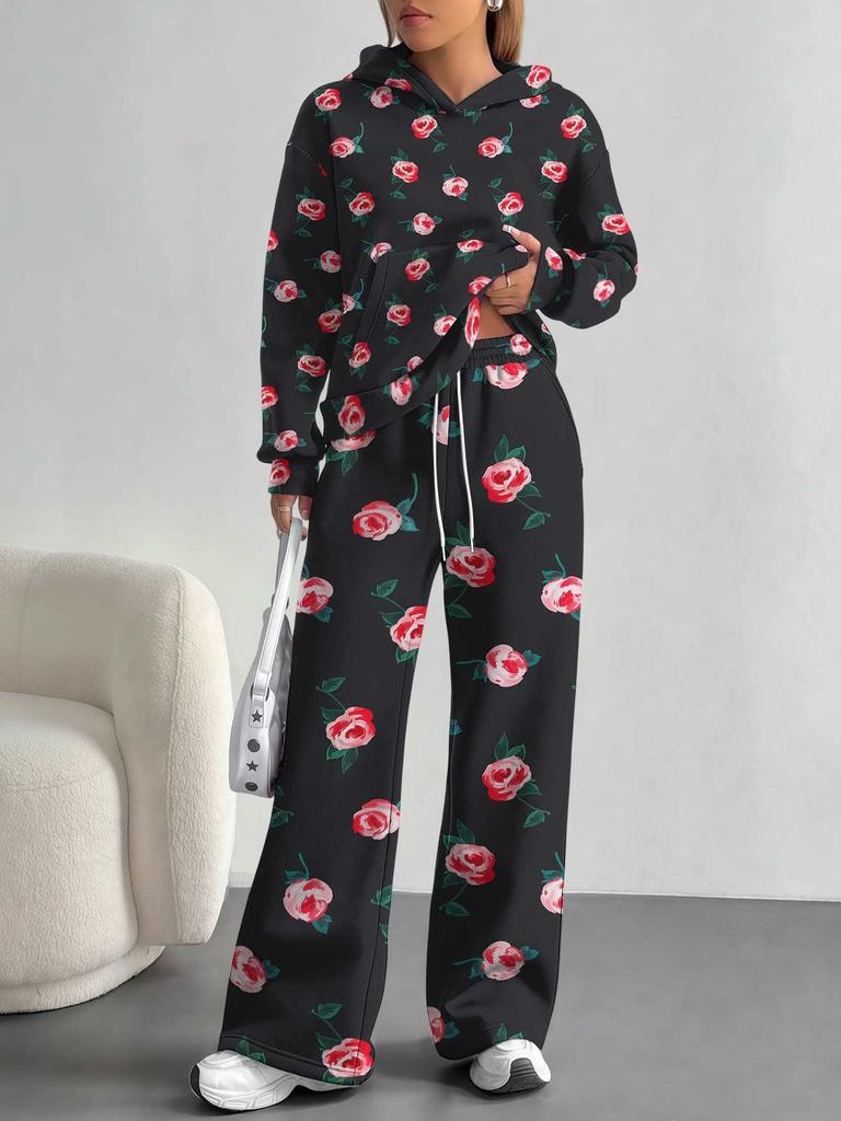 Flowers European, American Autumn and Winter Casual Long-sleeved Suit Women's Hooded Sweater Trousers Two-piece Set