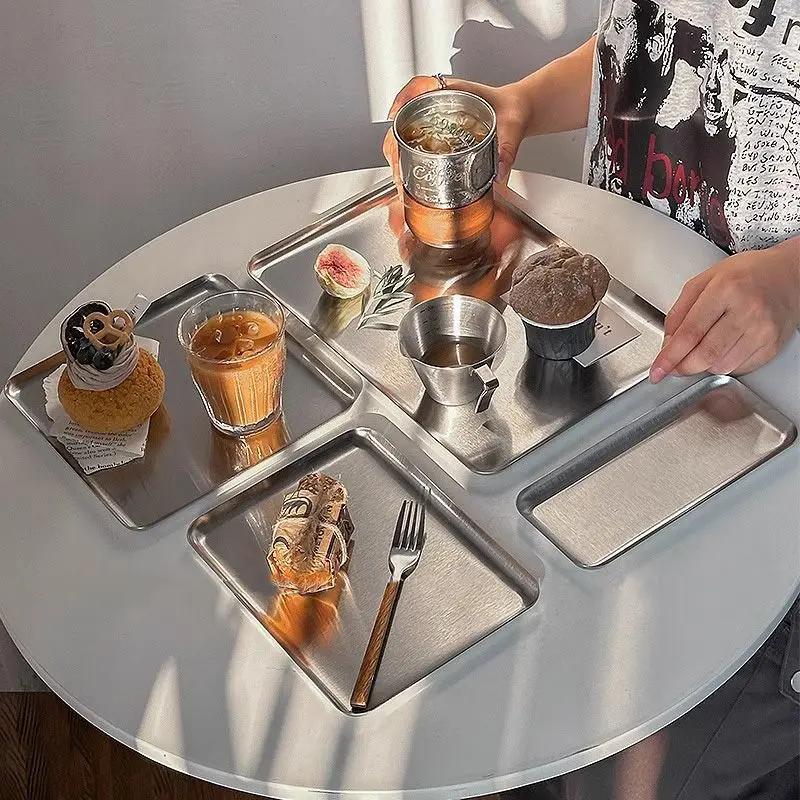 Nordic Stainless Steel Rectangular Coffee Shop Pallet Storage Disk Net Snack Cake Dish Dining Dessert Plate Kitchen Dish Tray