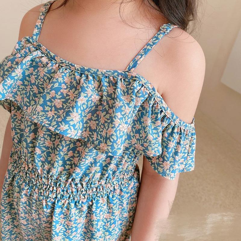 Dievčenské kombinézy v západnom štýle Net Celebrity Kvetinové Jednodielne oblečenie Bez ramienok Detské kombinézy