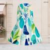 Women Plus Size V Neck Long Sleeve Printed Tie Waist A Line Flared Midi Dress
