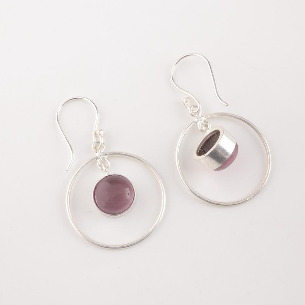 Lila Katzenaugen-Edelstein 925 Sterlingsilber Schmuck Handgefertigte Hängeohrringe 1,60" EE-5-45