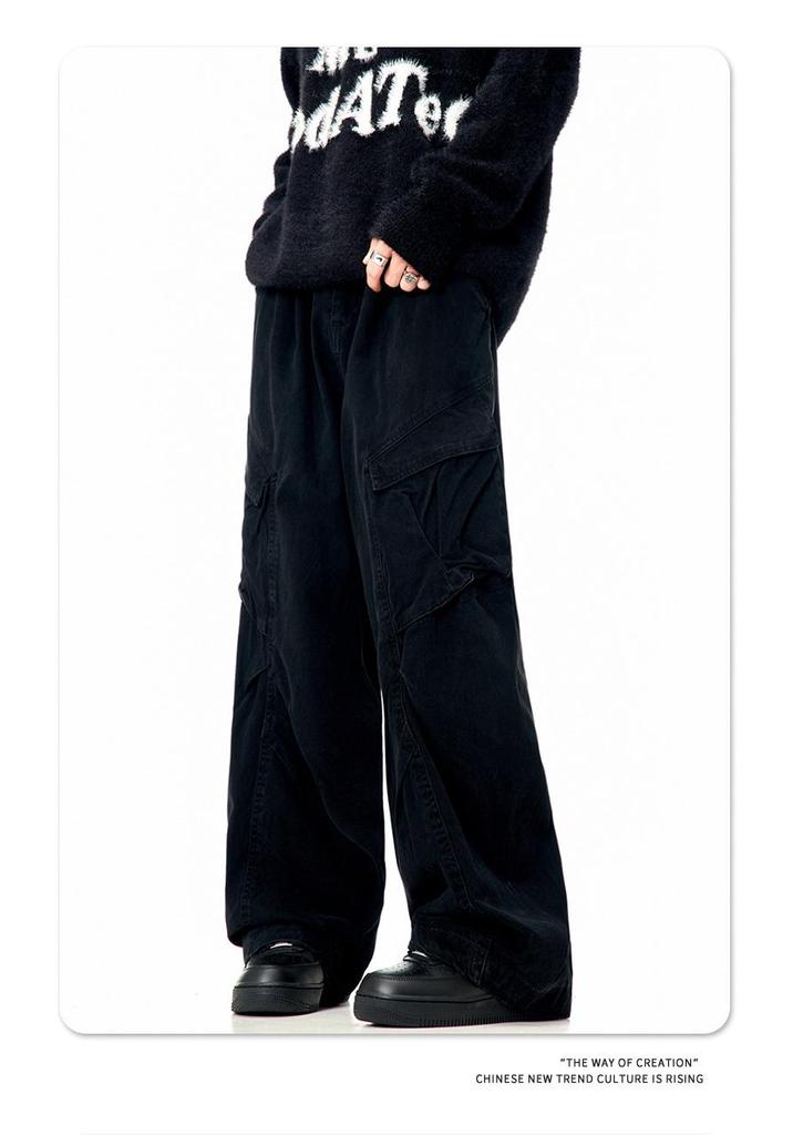 11KN Unisex Retro Wide Leg Work Pants with 3D Pockets - Pleated, Loose, Slimming, Casual, Long Fit